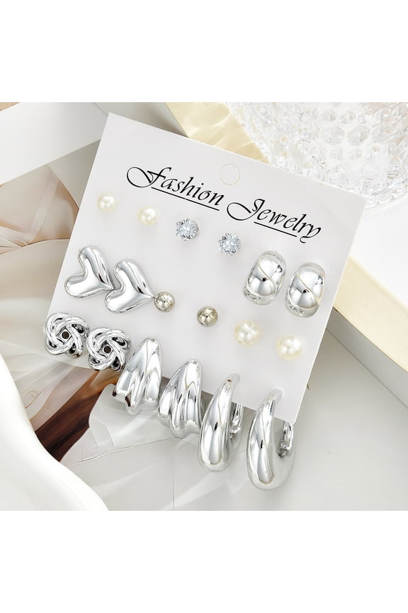 9 Pairs Hoop Earrings Bright Silver Mirror Polished Hearts Cubic Zirconia Faux Pearls Geometry Design Party Date Earrings