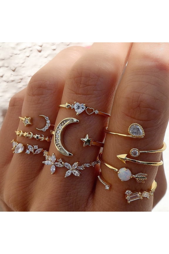 9 Pcs/Set Lady Ring Set Diverse Shapes Rhinestone Decor Star Moon Butterfly Heart Decor Adjustable Lady Stackable Finger Jewelry