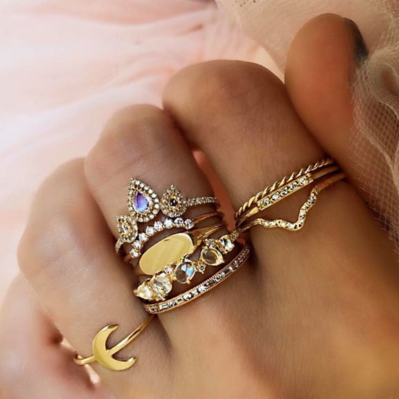 SmartBy 9Pcs/Set Bohemian Women Moon Crown Rhinestone Knuckle Midi Finger Ring Jewelry