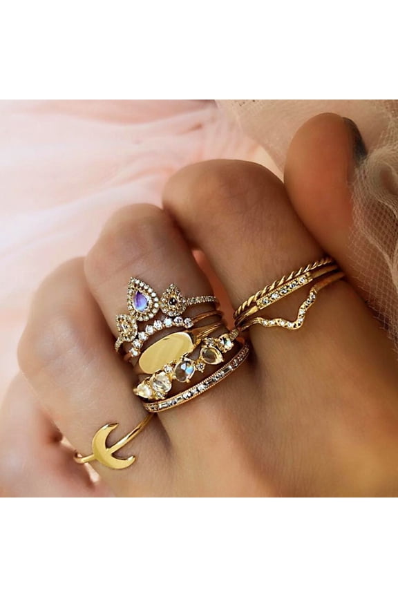 9Pcs/Set Bohemian Women Moon Crown Rhinestone Knuckle Midi Finger Ring Jewelry