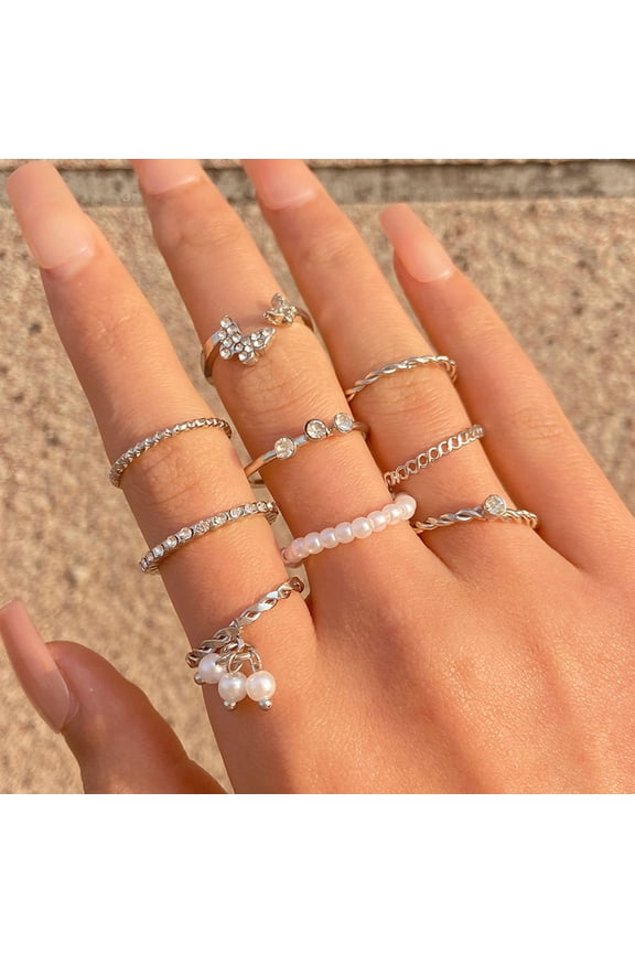 9Pcs/Set Elegant Women Rings Set Rhinestones Butterflies Faux Pearl Decor Finger Rings Jewelry Gift