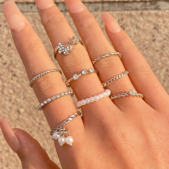 SmartBy 9Pcs/Set Elegant Women Rings Set Rhinestones Butterflies Faux Pearl Decor Finger Rings Jewelry Gift