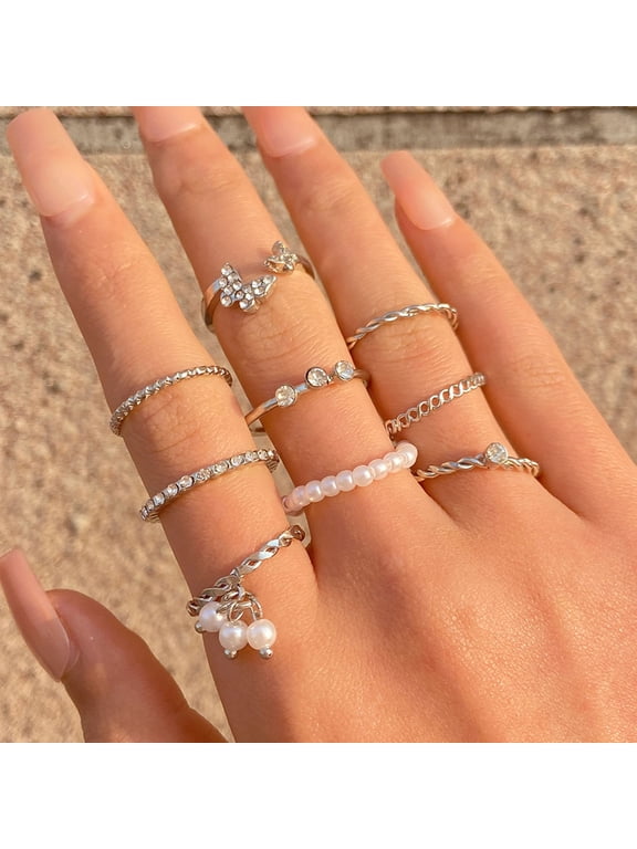 9Pcs/Set Elegant Women Rings Set Rhinestones Butterflies Faux Pearl Decor Finger Rings Jewelry Gift
