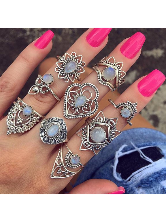 9Pcs/Set Retro Women Hollow Flower Faux Gemstone Knuckle Midi Stacking Rings Set