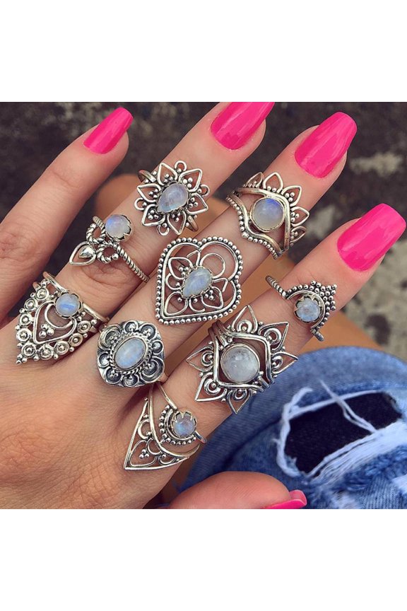 9Pcs/Set Retro Women Hollow Flower Faux Gemstone Knuckle Midi Stacking Rings Set