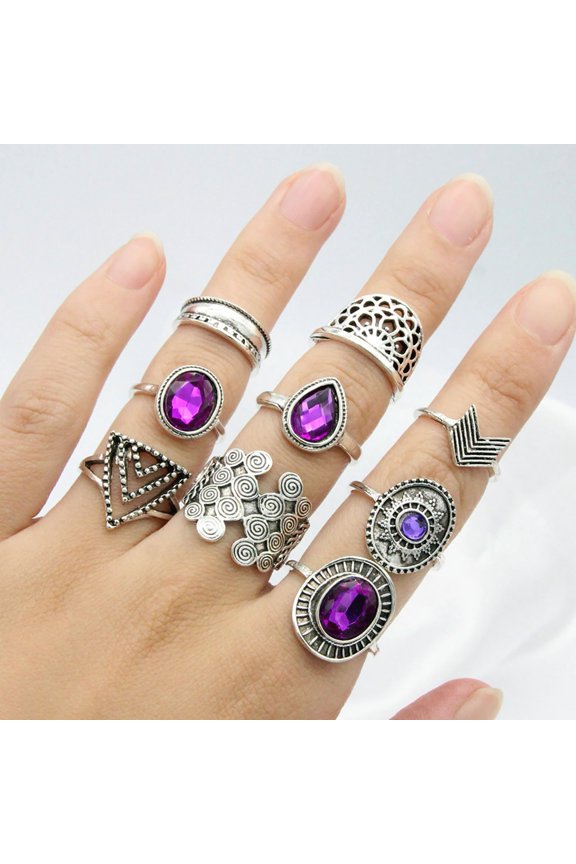 9Pcs/set Water Drop Stackable Knuckle Rings Alloy Bohemia Purple Faux Gem Finger Rings Jewelry Accessory