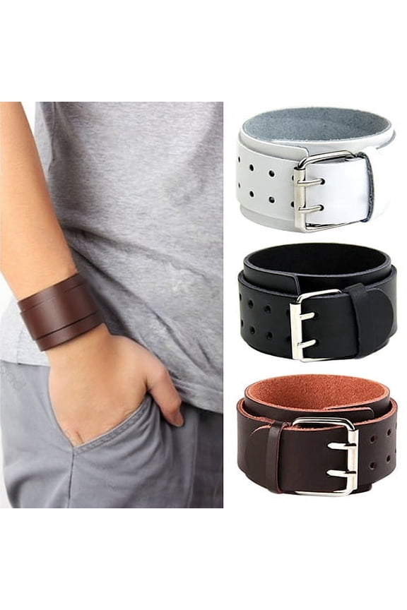 Adjustable 2 Layers Men's Faux Leather Wristband Buckle Cuff Bangle Bracelet