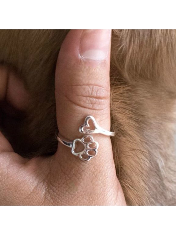 Adjustable Opening Ring Hollow Love Heart Dog Paw Ring Jewelry for Dog Owner