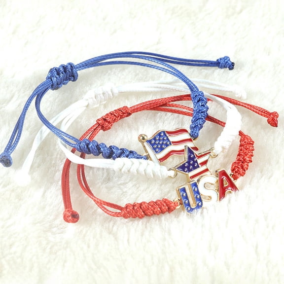 SmartBy American Independence Day Bracelet Fourth of July USA Letter Pendant American Flag Shape Adjustable Drawstring Tassel Rope Braided Wrist Jewelry