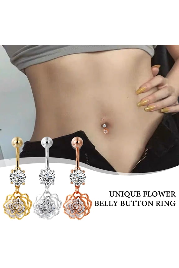Belly Button Rings Stainless Steel Hollow Flower Dangle Body Piercing Jewelry Rhinestone Navel Ring for Women