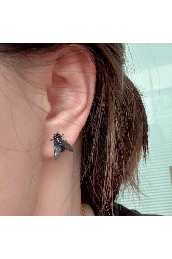 Black Fly Stud Earrings 3D Simulated Insects Studs Realistic Mini Fly Earrings Light-weight Jewelry Prank Gift for Him Her
