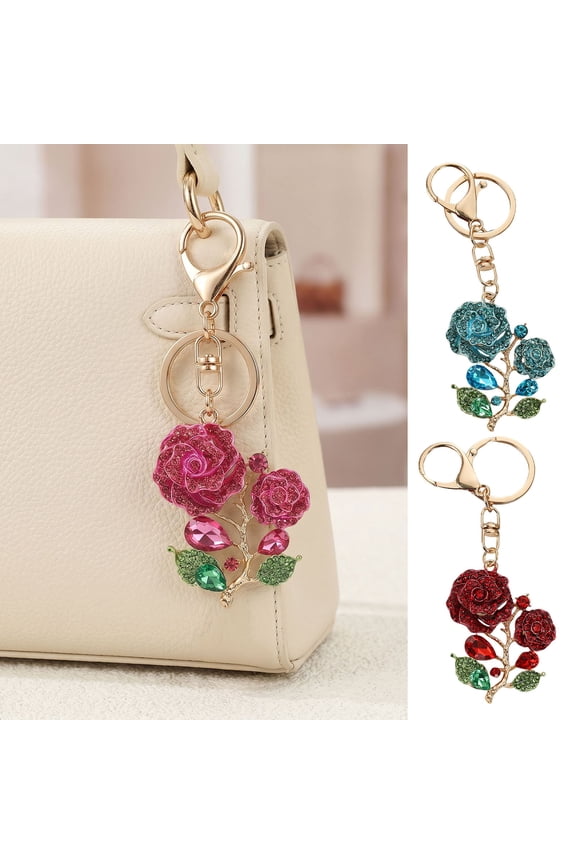 Bling Rose Keychain for Women Rhinestone Flower Keyring Accessory Sparkling Bag Charm for Purse Handbag