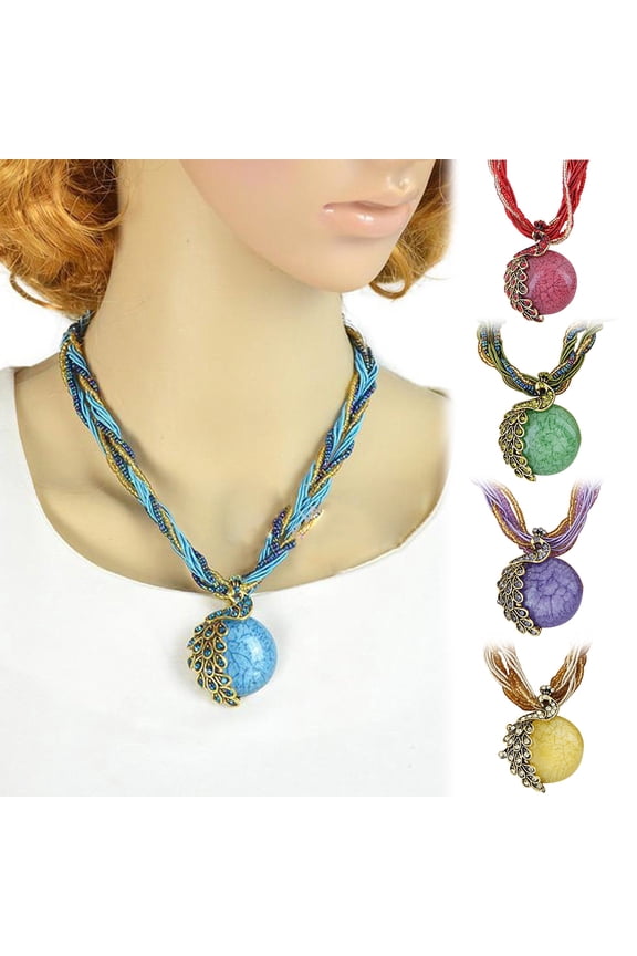 Bohemian Women Rhinestone Inlaid Peacock Round Faux Opal Pendant Necklace Gift
