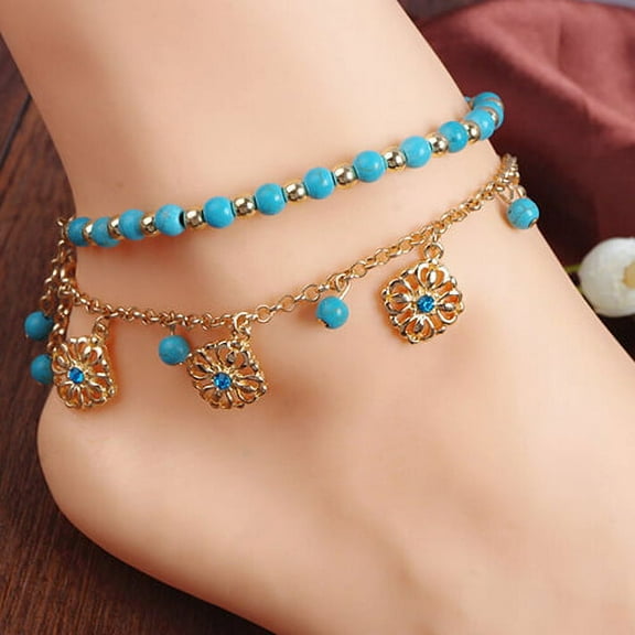 SmartBy Boho Double Layers Rhinestone Flower Turquoise Foot Chain Anklet Ankle Bracelet