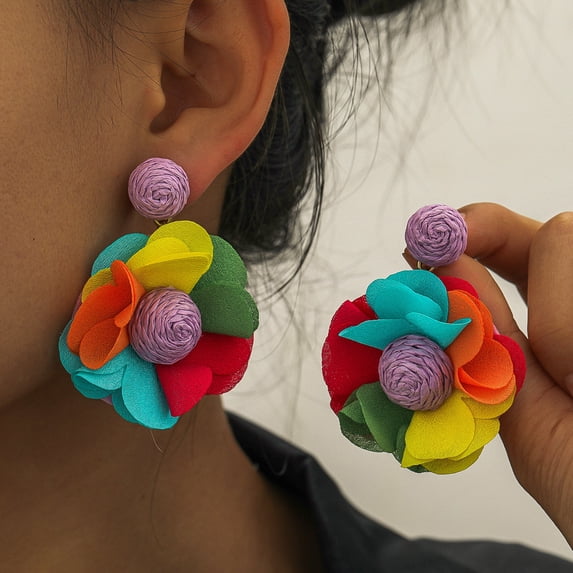 SmartBy Boho Flower Dangle Earrings Women Fabric Flower Drop Earrings Handmade Lightweight Floral Dangle Earrings for Vacation Summer Beach