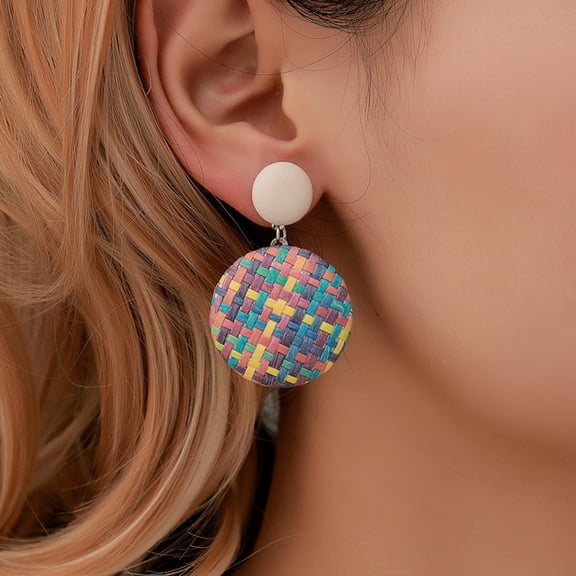 SmartBy Boho Women Geometric Round Button Woven Straw Dangle Stud Earrings Jewelry