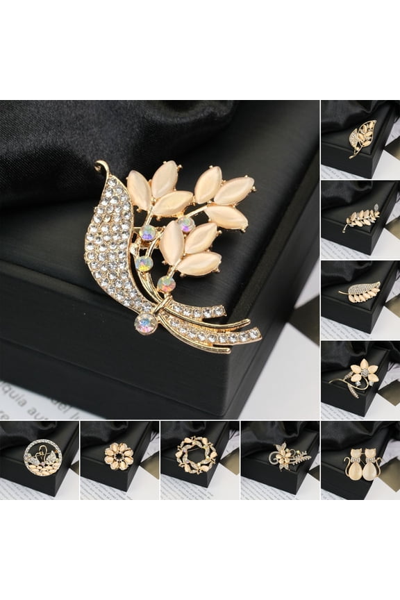 Brooch Retro Style Leaf Floral Design Lapel Pin with Faux Opal Inlaid Sweaters Collars Hats Bags Coats Scarves Badge Outfit Accessory