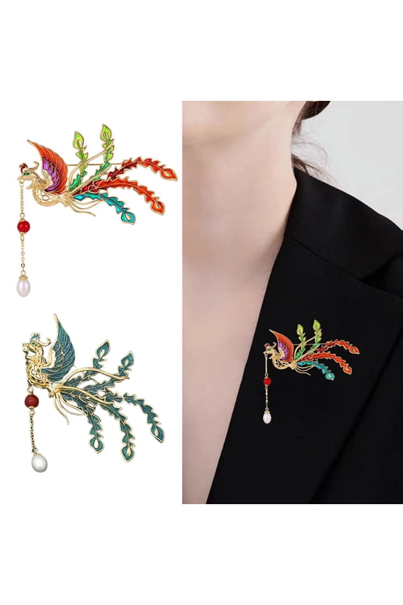 Brooch Retro Style Phoenix Design Lapel Pin with Faux Pearl Tassel Sweaters Collars Hats Bags Coats Scarves Badge Outfit Accessory