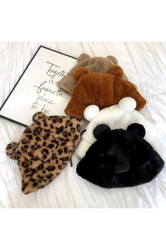 Bucket Hat Bear Ear Ball Thickened Autumn Winter Leopard Plush Ball Basin Cap for Outdoor