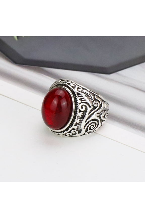 Carved Rock Style Men Ring Alloy Red Faux Gem Finger Ring Jewelry Accessaries