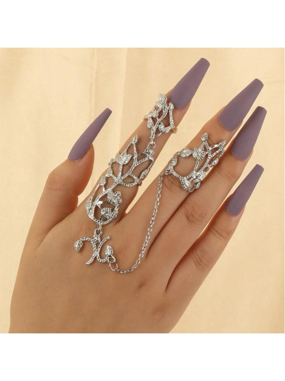 Chain Link Ring Anti-allergy Anti-oxidation Jewelry Full Rhinestone Retro Flower Link Ring for Gift
