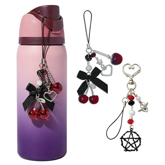 SmartBy Cherry Bead Keychain for Women Girls Cute Red Cherry Fruit Bag Charm with Bow Black Star Keyring for Purse Bag Backpack Handbag Accessories