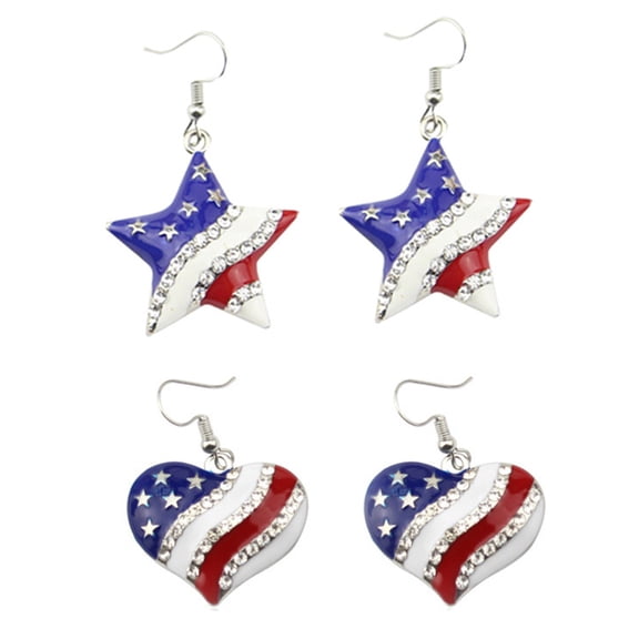 SmartBy Chic American Flag Heart Star Shaped Rhinestone Ear Hook Earrings Women Jewelry