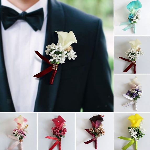SmartBy Common Callalily Brooch Realistic Faux Leather Fake Flower Groom Bride Groomsmen Fake Flower Corsage Lapel Pin Wedding Party