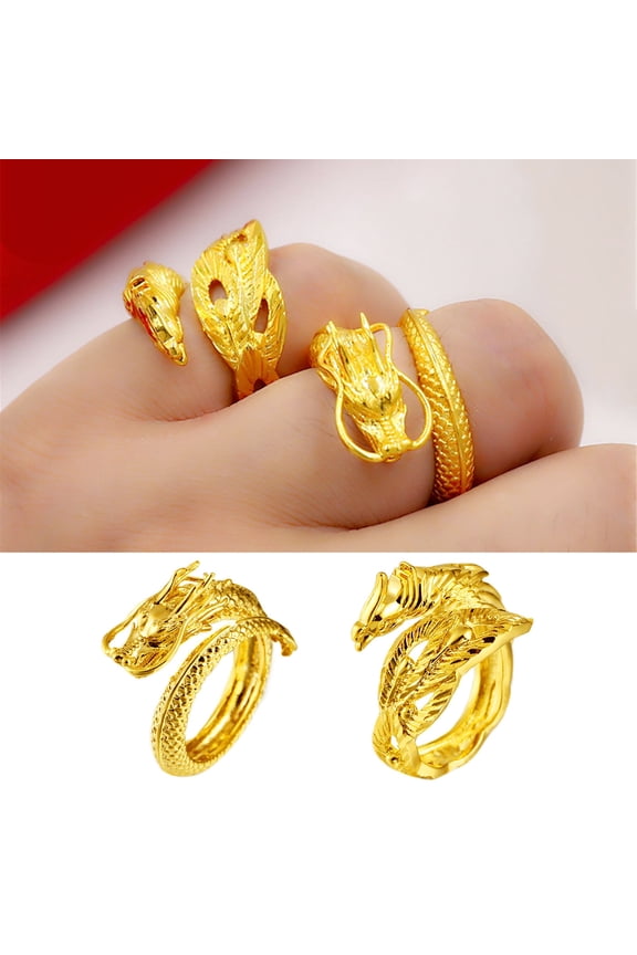 Couple Matching Ring 3D Dragon Phoenix Golden Color Open Adjustable Proposal Wedding Ring Anniversary Gift Adult Knuckle Ring Finger Jewelry