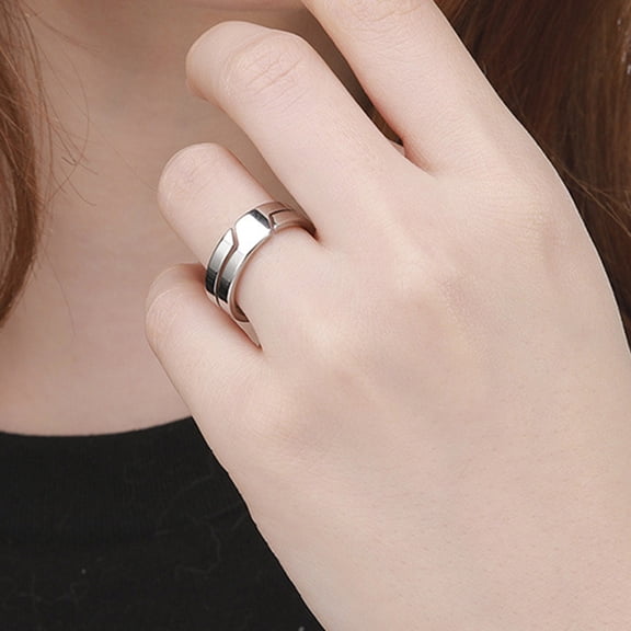 SmartBy Couple Ring Classic Geometry Glossy Decorative All Match Jewelry Gift Stainless Steel Men Women Personality Line Pattern Engagement Finger Ring for Daily Wear