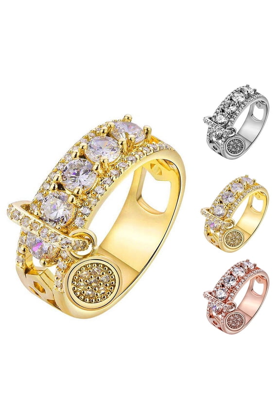 Creative Metal Disc Charm Hollow Band Cubic Zircon Rhinestone Ring Women Jewelry