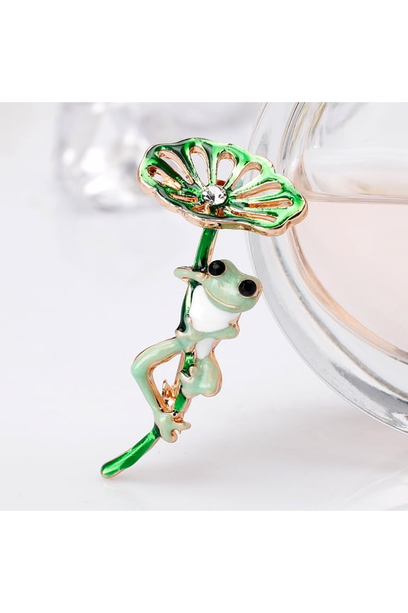 Cute Animal Frog Lotus Leaf Rhinestone Inlaid Brooch Pin Enamel Lapel Badge