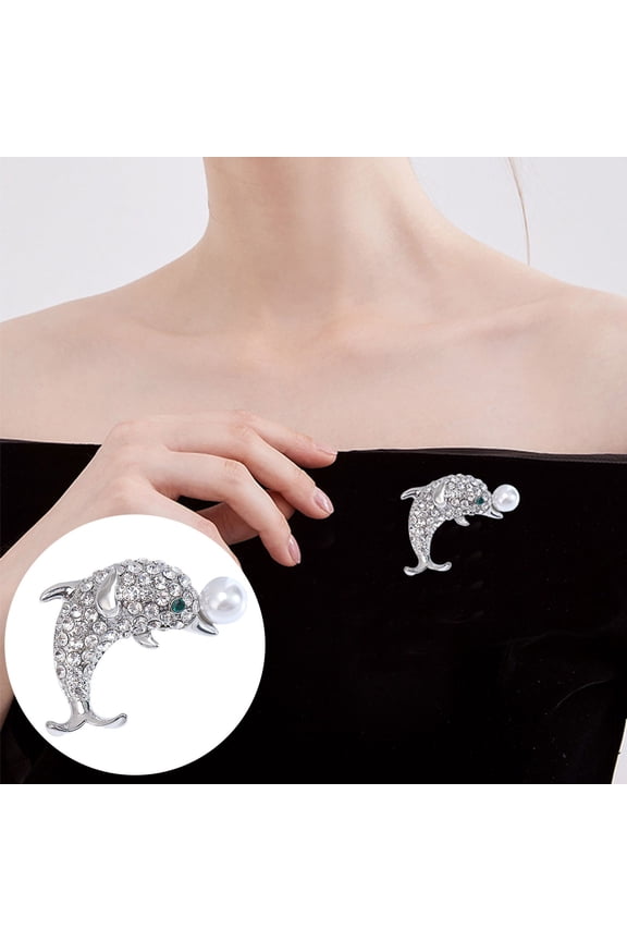 Cute Dolphin Shape Brooch Sparkling Rhinestones Faux Pearl Decor Pin Shawl Scarf Hat Outfit Animal Badge Jewelry Gift