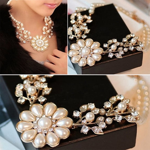 SmartBy Double-Layer Flower Pendant Faux Pearl Elegant Chain Necklace for Dating