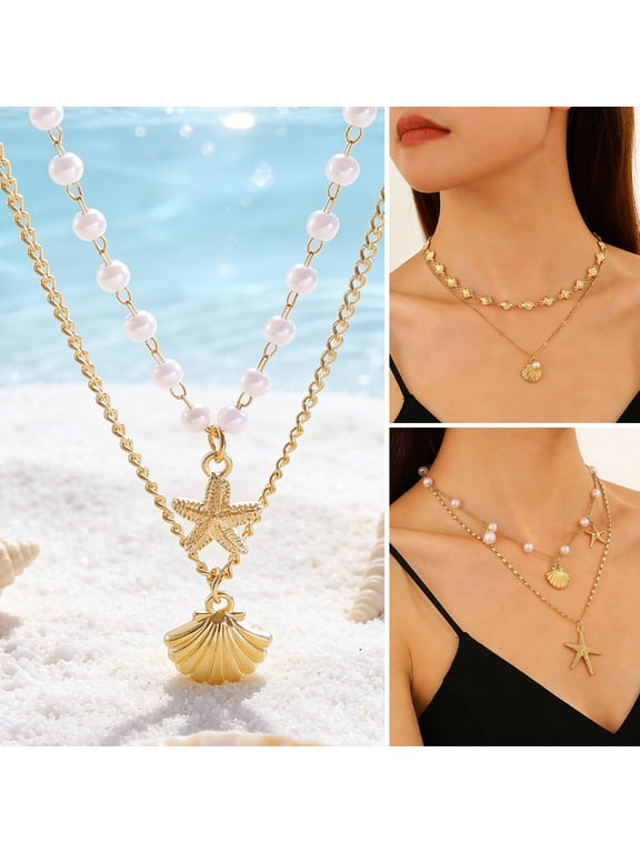 Double Layer Shell Pendant Necklace Lightweight Hypoallergenic Women Faux Pearl Starfish Charm Layered Chain Necklace Ocean Beach Neck Jewelry