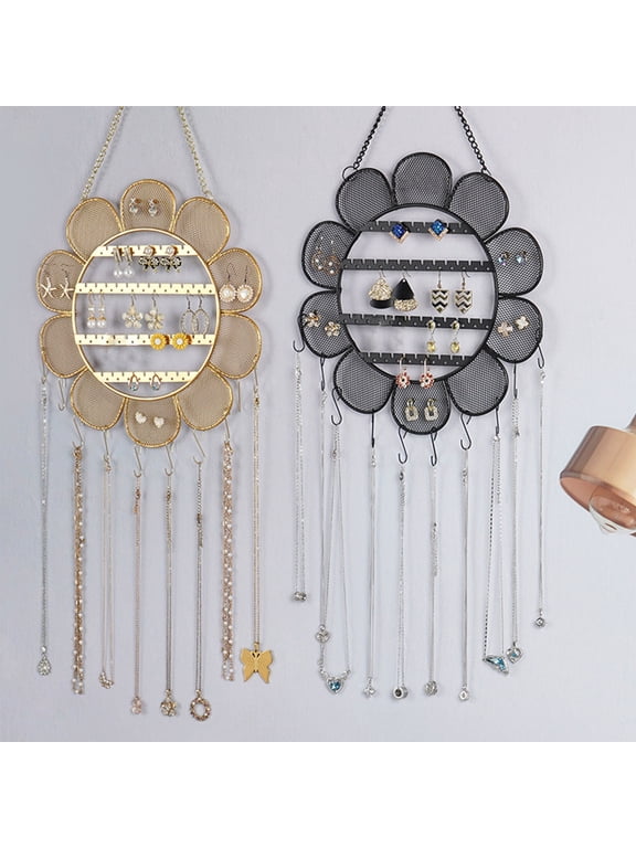 Earrings Display Stand with Metal Chain Flower Shape Grid Design Large Capacity Wall Decoration Jewelry Hanging Holder Shop Necklace Organizer