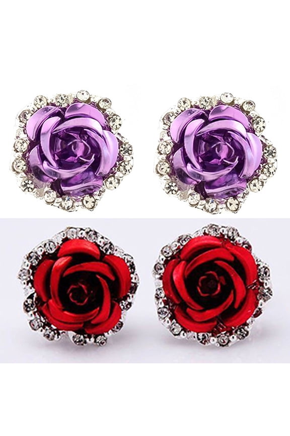 Elegant Rose Flower Rhinestone Ear Stud Clip Earrings Women Piercing Jewelry