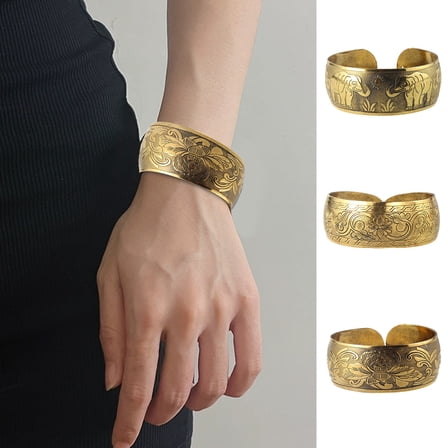 SmartBy Elephant Cuff Bracelet Vintage Tibetan Elephant/Flower Carved Open Bangle Ethnic Bronze Wide Bracelet for Women
