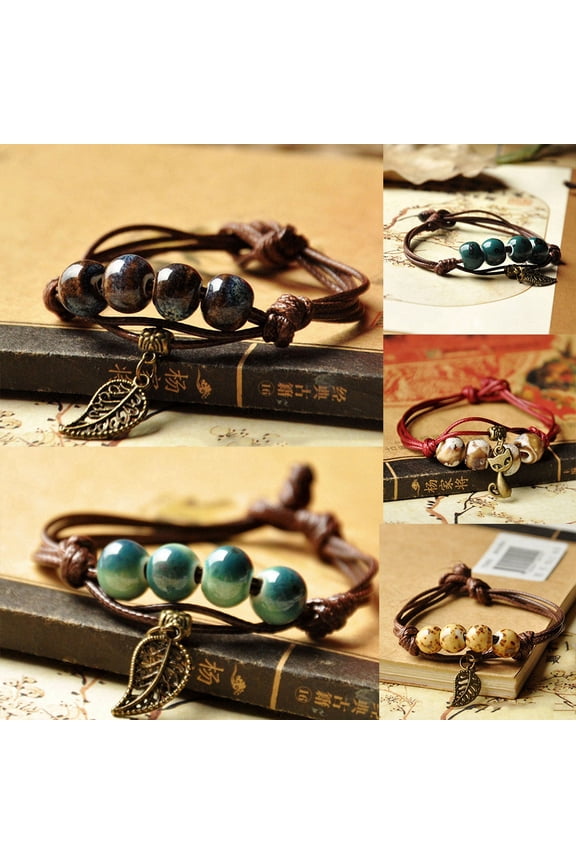 Ethnic Leaf Cat Charm Ceramics Beaded Bracelet Women Handwoven Jewelry Gift