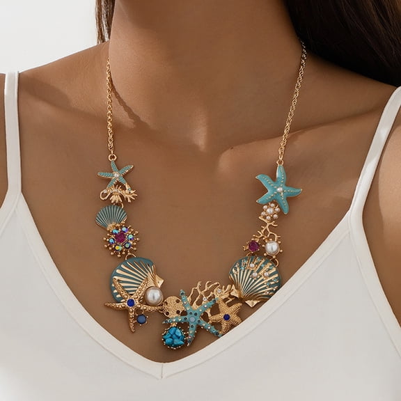 SmartBy Exaggerated Women Necklace Ocean Theme Starfish Coral Shell Faux Pearl Rhinestone Decor Adjustable Length Lady Vacation Beach Neck Jewelry
