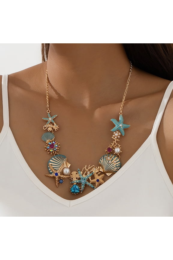 Exaggerated Women Necklace Ocean Theme Starfish Coral Shell Faux Pearl Rhinestone Decor Adjustable Length Lady Vacation Beach Neck Jewelry