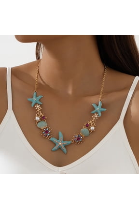 Exaggerated Women Necklace Ocean Theme Starfish Coral Shell Hollow Out Faux Pearl Rhinestone Decor Adjustable Length Lady Vacation Beach Neck Jewelry