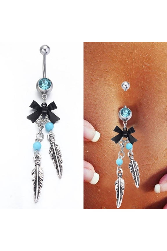 Fashion Bow Tie Blue Beads Rhinestone Feather Navel Belly Piercing Button Ring