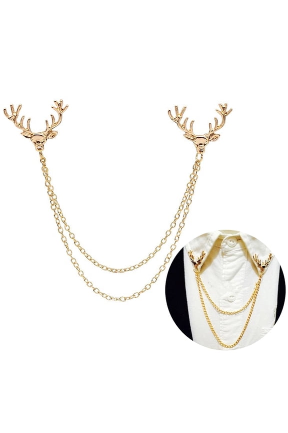 Fashion Men Women Shirt Suit Collar Deer Head Brooch Pin with Long Chain Gift