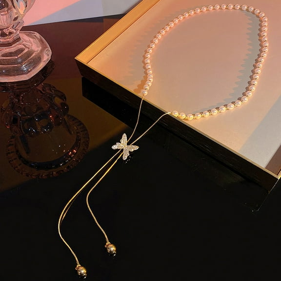 SmartBy Fashion Necklace Fine Workmanship Eye-catching Butterfly Tassel Design Bright Finish Unfading Decoration Long Lasting Women Faux Pearl Necklace Jewelry Accessory