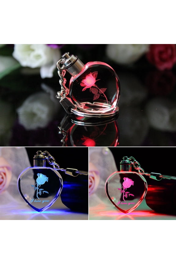 Fashion Rose Heart Key Chain Color Changing Flashing LED Lights Couple Keyring