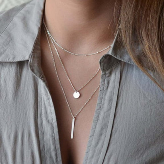 SmartBy Fashion Women 3 Layer Bar Round Pendant Long Chain Necklace Party Jewelry Gift