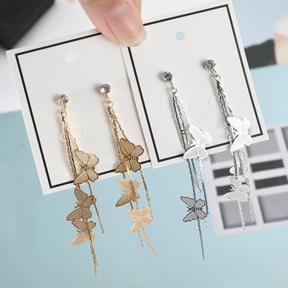 SmartBy Fashion Women Butterfly Tassel Long Dangle Rhinestone Stud Earrings Jewelry