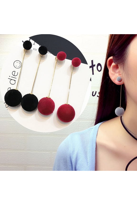 Fashion Women Double Faux Fur Ball Long Dangle Earrings Banquet Jewelry Gift