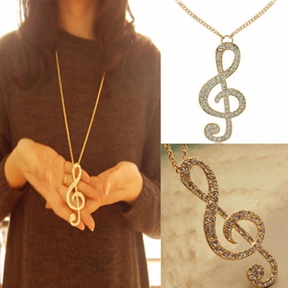 SmartBy Fashion Women Fully Rhinestone Music Note Pendant Long Chain Sweater Necklace